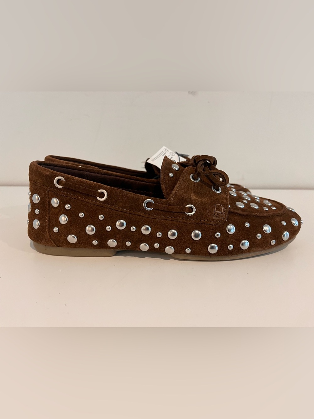 ZARA Studded Split Suede Deck Shoes Brown Moccasins